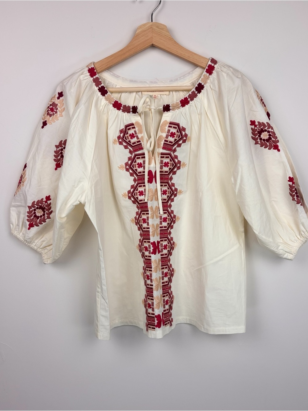 🤍 Solitaire Embroidered Peasant Blouse | M | Cream Multi - Picture 2 of 11